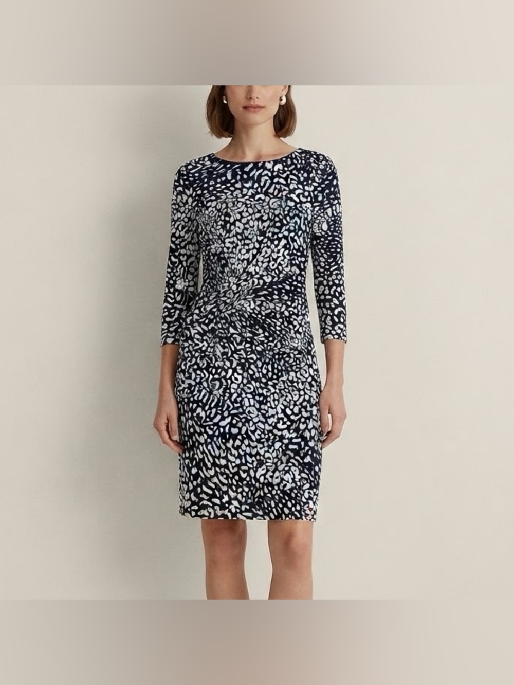 Adrianna Papell Ruched Waist Midi Dress Navy White Animal Print Size 6 Lined